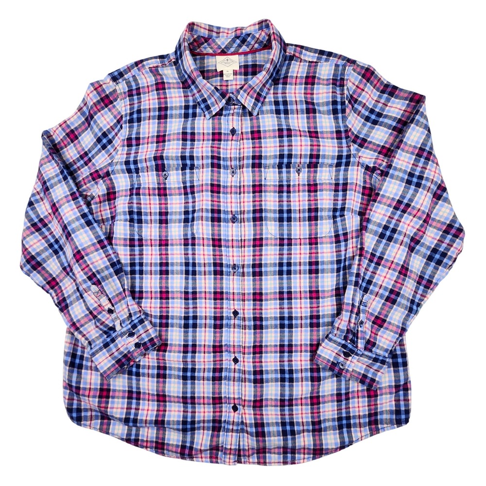 St Johns Bay Flannel Shirt Womens XL Blue Pink Plaid Cotton Long Sleeve Outdoor